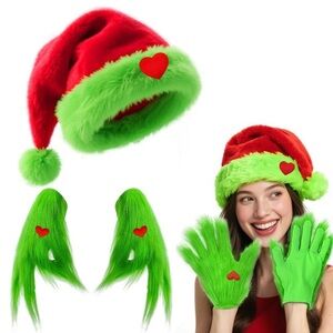 Green Monster Furry Glovess Christmas Lime Green Santa Hat With Red Heart new